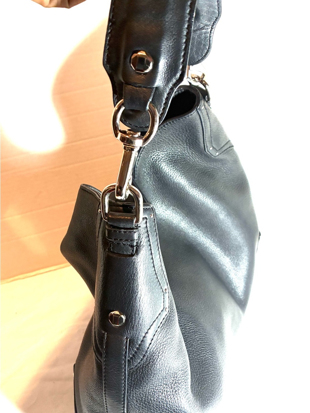 Cole Haan Black Pebbled Leather Hobo Handbag Short Shoulder Strap Silver HW - Picture 3 of 13